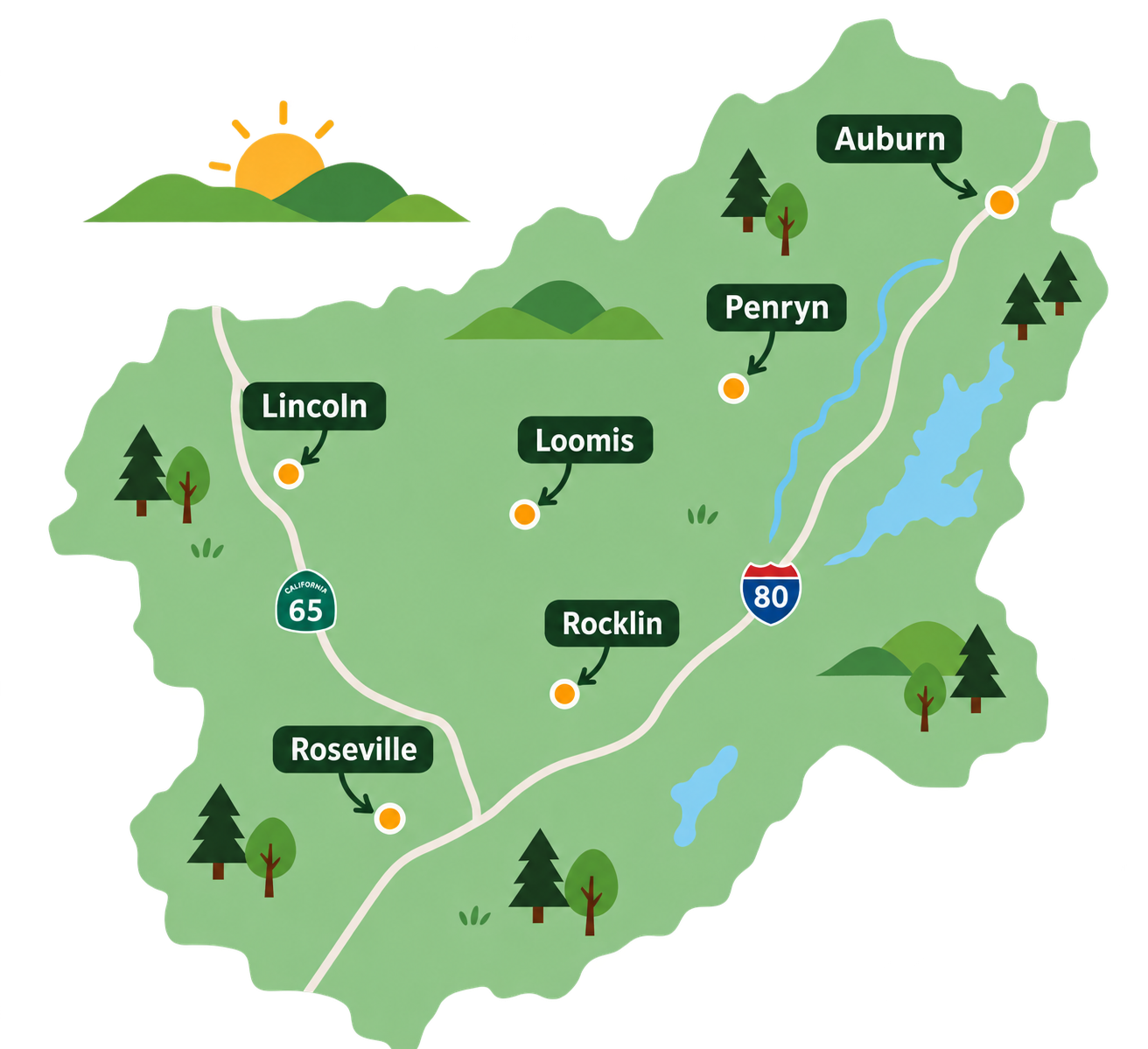 Illustrated map of The Poop Scoop Co. service area across Placer County, showing Auburn, Penryn, Lincoln, Loomis, Rocklin and Roseville.
