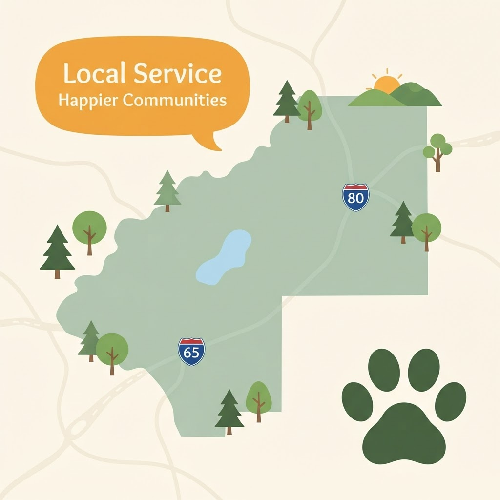 Illustrated map of The Poop Scoop Co. service area across Placer County.