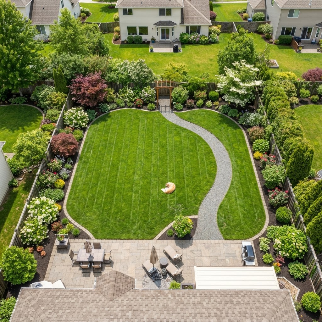 Aerial view of a freshly maintained, spotless backyard lawn and garden