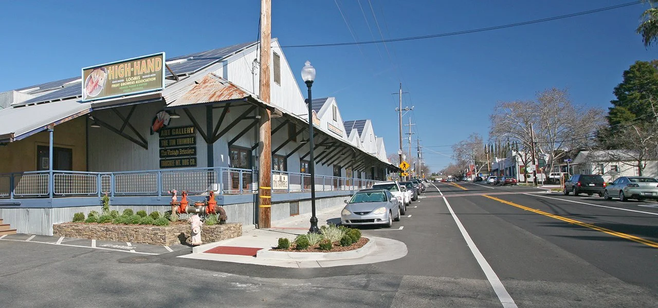 Historic depot-style building along the main street in downtown Loomis, California