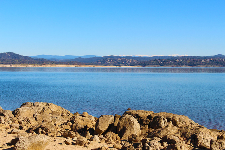 Folsom Lake with a rocky shoreline and foothills near Granite Bay, California