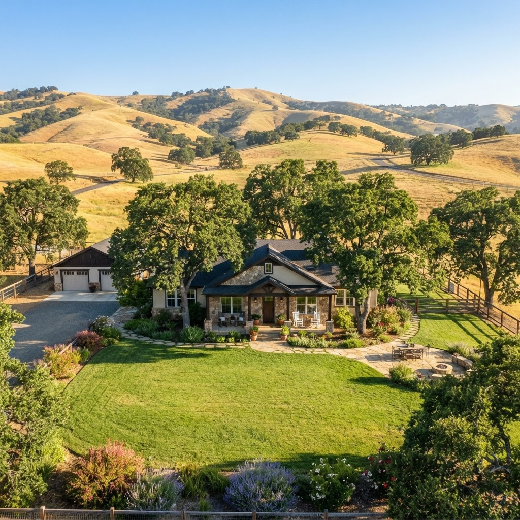 A spacious semi-rural Placer County property with a green yard and oak trees in the Sierra foothills near Loomis and Auburn